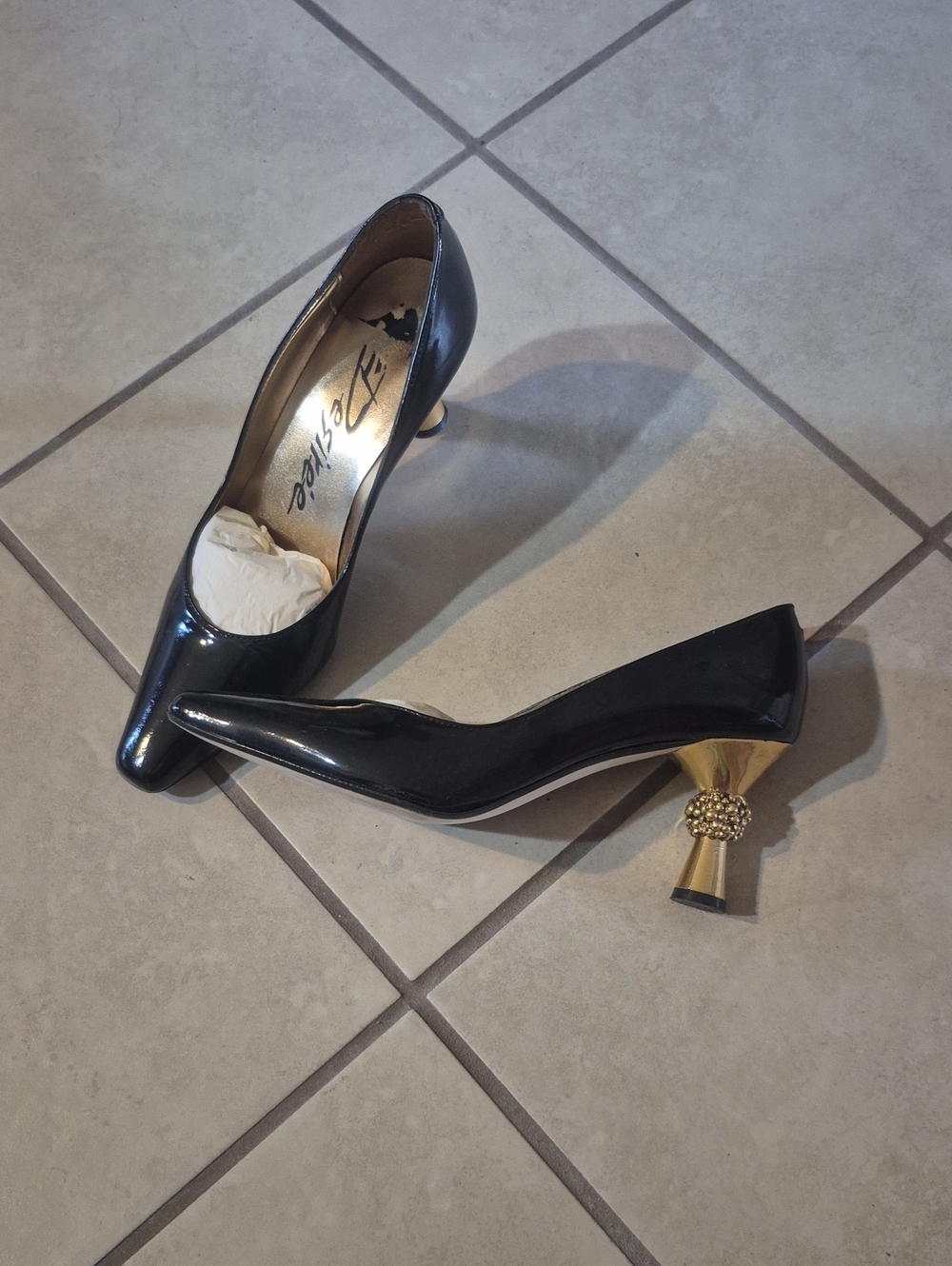 Black Patent Heel Pumps with Decorative Gold Embellished Heel